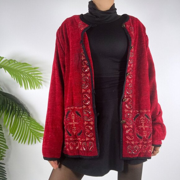 Vintage 90s Red Paisley Embroidered Fairy Grunge Bohemian Oversized Jacket / M - Picture 5 of 7